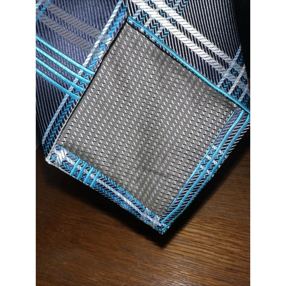 Colours by Alexander Julian Blue Teal‎ Grey Neck Tie Plaid Geometric